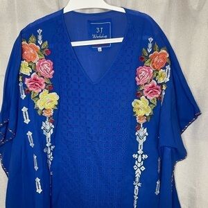 Johnny Was 3J Workshop Blue Tunic Bohemian Top Embroidered Size Med Womens   